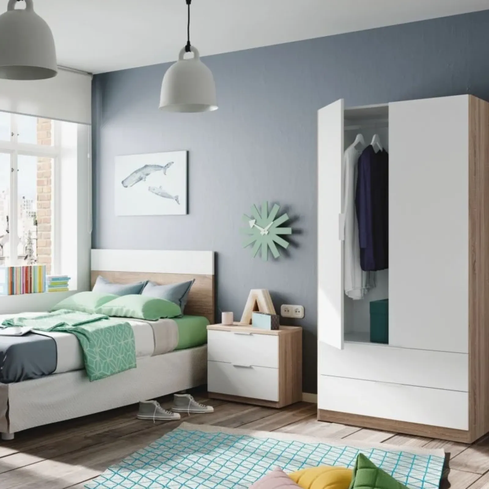 Garnero Arredamenti Camerette Colorate|Camerette In Legno-Cameretta per bambini con testiera comodino armadio rovere bianco Abbey