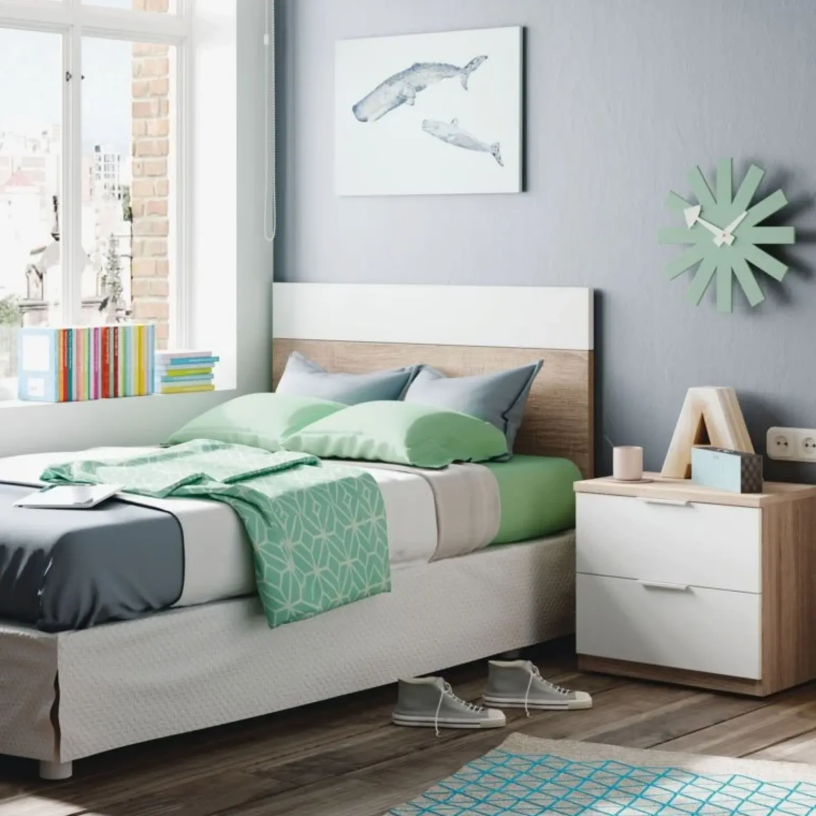 Garnero Arredamenti Camerette Colorate|Camerette In Legno-Cameretta per bambini con testiera comodino armadio rovere bianco Abbey