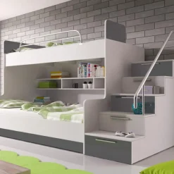 Garnero Arredamenti Camerette Colorate-Cameretta 254x120cm 2 letti a soppalco bianco grigio lucido Enrico Gihome® Bianco Lucido - Grigio