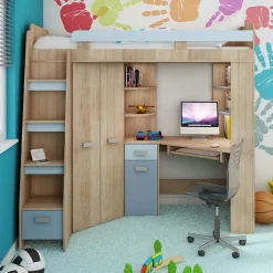 Garnero Arredamenti Camerette Colorate|Camerette In Legno-Cameretta 204x120cm 1 letto singolo completa sinistra rovere blu Dollie Gihome® Rovere - Azzurro