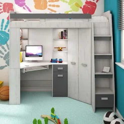 Garnero Arredamenti Camerette Colorate|Camerette In Legno-Cameretta 204x120cm 1 letto singolo completa destra bambini bianco pino grafite Dollie Gihome® Grafite - Bianco Frassinato