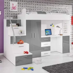 Garnero Arredamenti Camerette A Ponte-Cameretta 254x120cm 1 letto soppalco bianco grigio lucido Simone Gihome® Bianco Lucido - Grigio