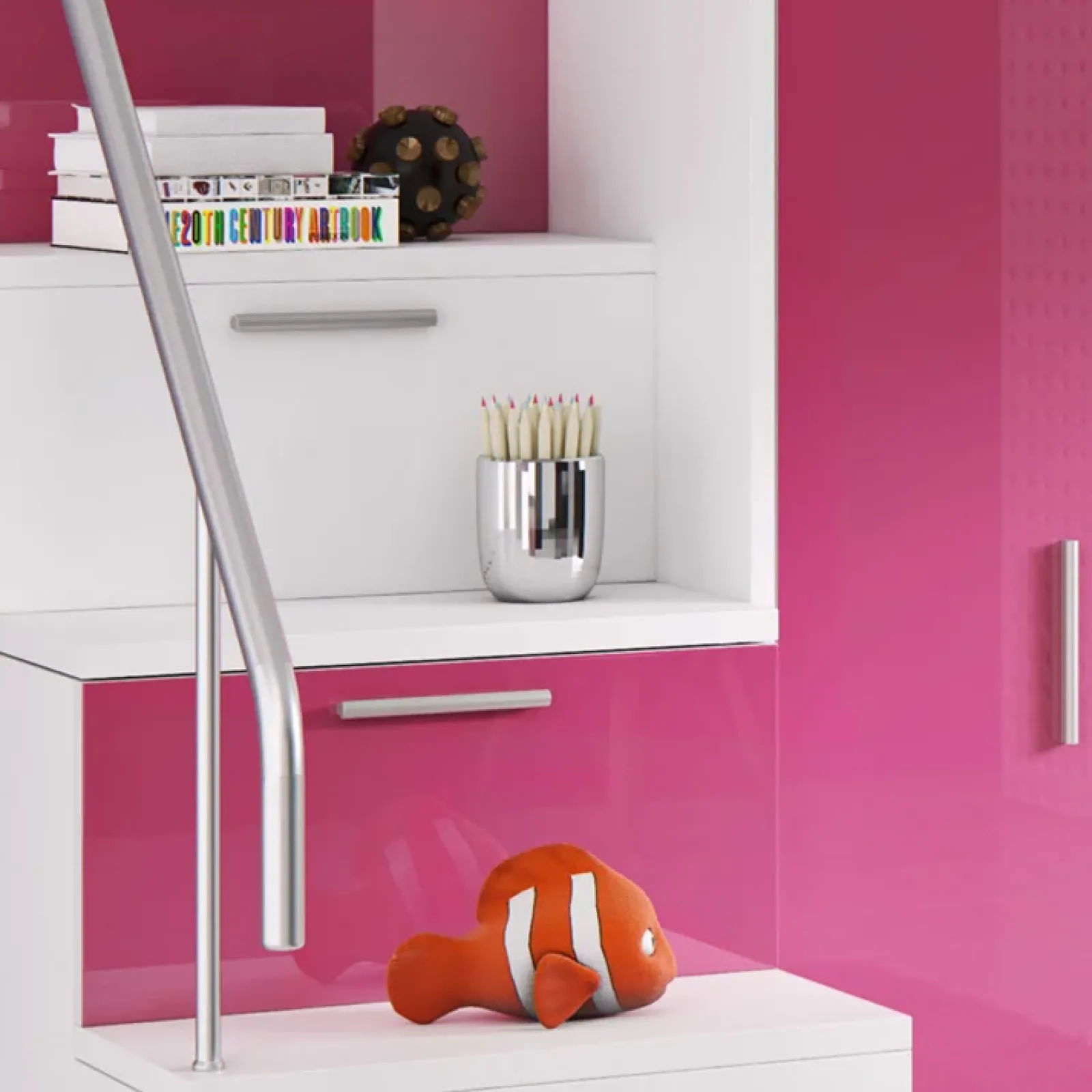 Garnero Arredamenti Camerette A Ponte-Cameretta 254x120cm 1 letto soppalco bambini bianco rosa lucido Simone Gihome® Bianco Lucido - Rosa