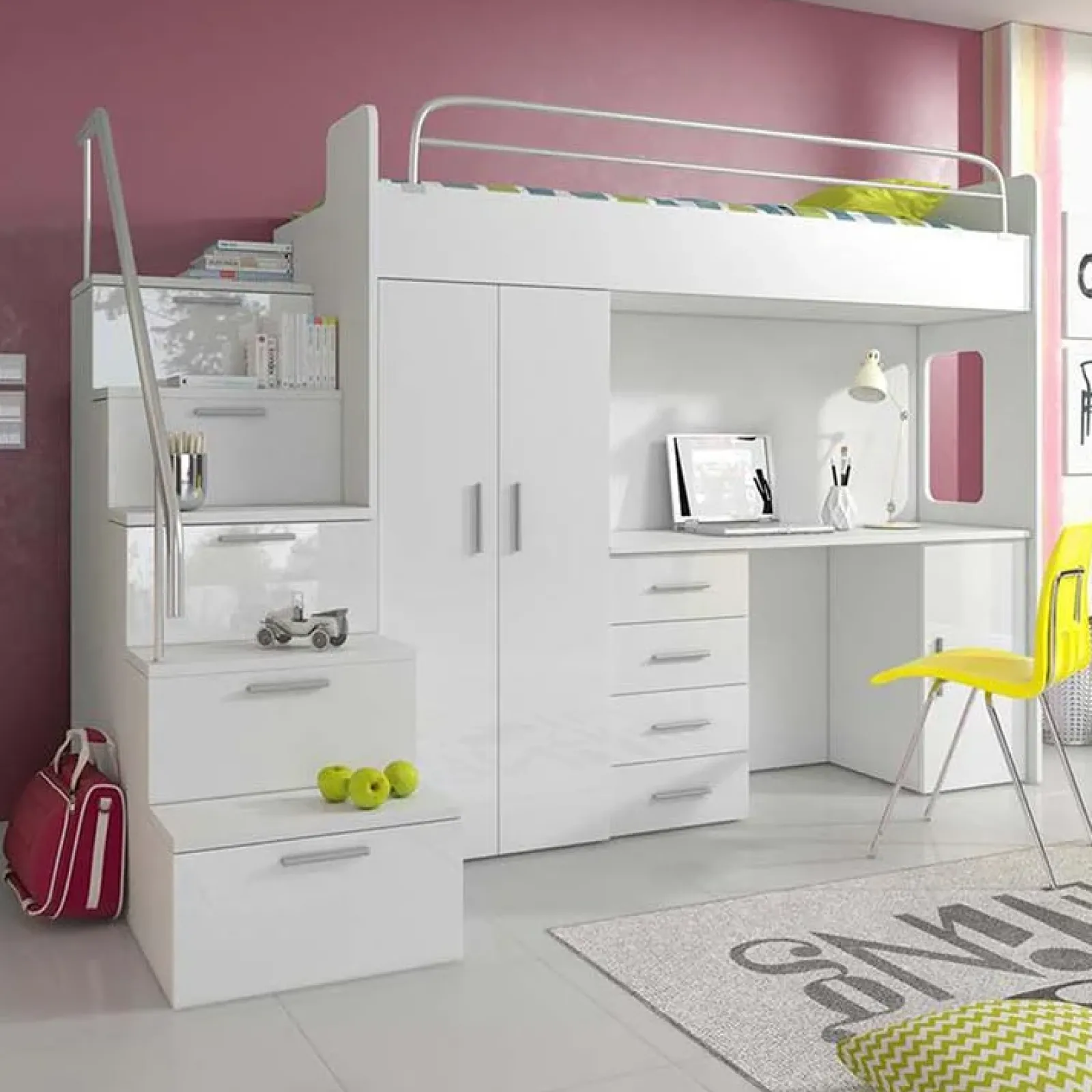 Garnero Arredamenti Camerette A Ponte-Cameretta 254x120cm 1 letto soppalco Simone Gihome® Bianco Lucido