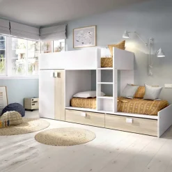 Garnero Arredamenti Camerette In Legno|Camerette A Ponte-Cameretta 275x106cm bambini 2 letti reversibile rovere bianco opaco a soppalco Clark