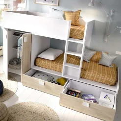 Garnero Arredamenti Camerette In Legno|Camerette A Ponte-Cameretta 275x106cm bambini 2 letti reversibile rovere bianco opaco a soppalco Clark