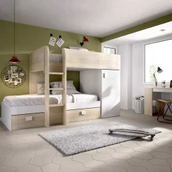 Garnero Arredamenti Camerette In Legno|Camerette A Ponte-Cameretta 255x112cm bambini 2 letti reversibile rovere bianco a soppalco Sole Bianco Opaco - Rovere