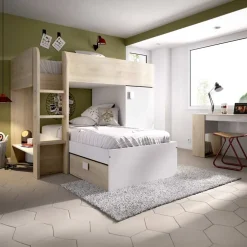 Garnero Arredamenti Camerette In Legno|Camerette A Ponte-Cameretta 255x112cm bambini 2 letti reversibile rovere bianco a soppalco Sole Bianco Opaco - Rovere