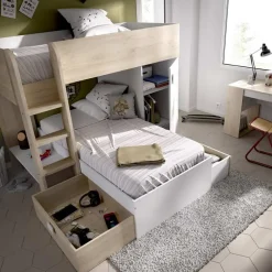 Garnero Arredamenti Camerette In Legno|Camerette A Ponte-Cameretta 255x112cm bambini 2 letti reversibile rovere bianco a soppalco Sole Bianco Opaco - Rovere