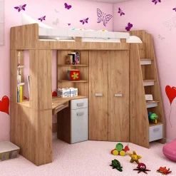 Garnero Arredamenti Camerette Colorate|Camerette In Legno-Cameretta 204x120cm bambini completa destra 1 letto singolo rovere miele bianco frassinato Dollie Gihome® Rovere Rustico - Bianco Frassinato