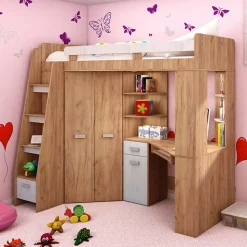 Garnero Arredamenti Camerette Colorate|Camerette In Legno-Cameretta 204x120cm bambini completa sinistra 1 letto singolo rovere miele bianco frassinato Dollie Gihome® Rovere Rustico - Bianco Frassinato