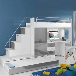 Garnero Arredamenti Camerette Colorate|Camerette A Ponte-Cameretta 324x86cm completa 2 letti singoli bianco grigio Diego Gihome® Bianco Lucido - Grigio