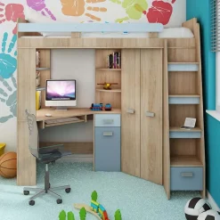 Garnero Arredamenti Camerette Colorate|Camerette In Legno-Cameretta 204x120cm completa destra 1 letto singolo rovere blu Dollie Gihome® Rovere - Azzurro