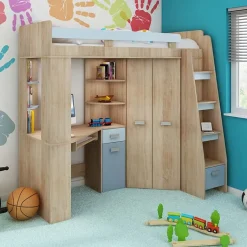 Garnero Arredamenti Camerette Colorate|Camerette In Legno-Cameretta 204x120cm completa destra 1 letto singolo rovere blu Dollie Gihome® Rovere - Azzurro