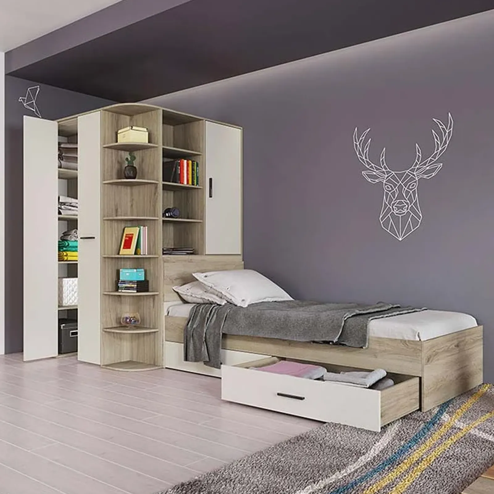 Garnero Arredamenti Camerette In Legno-Cameretta 352x124cm con cabina armadio rovere beige champagne Fabio Gihome® Rovere - Beige