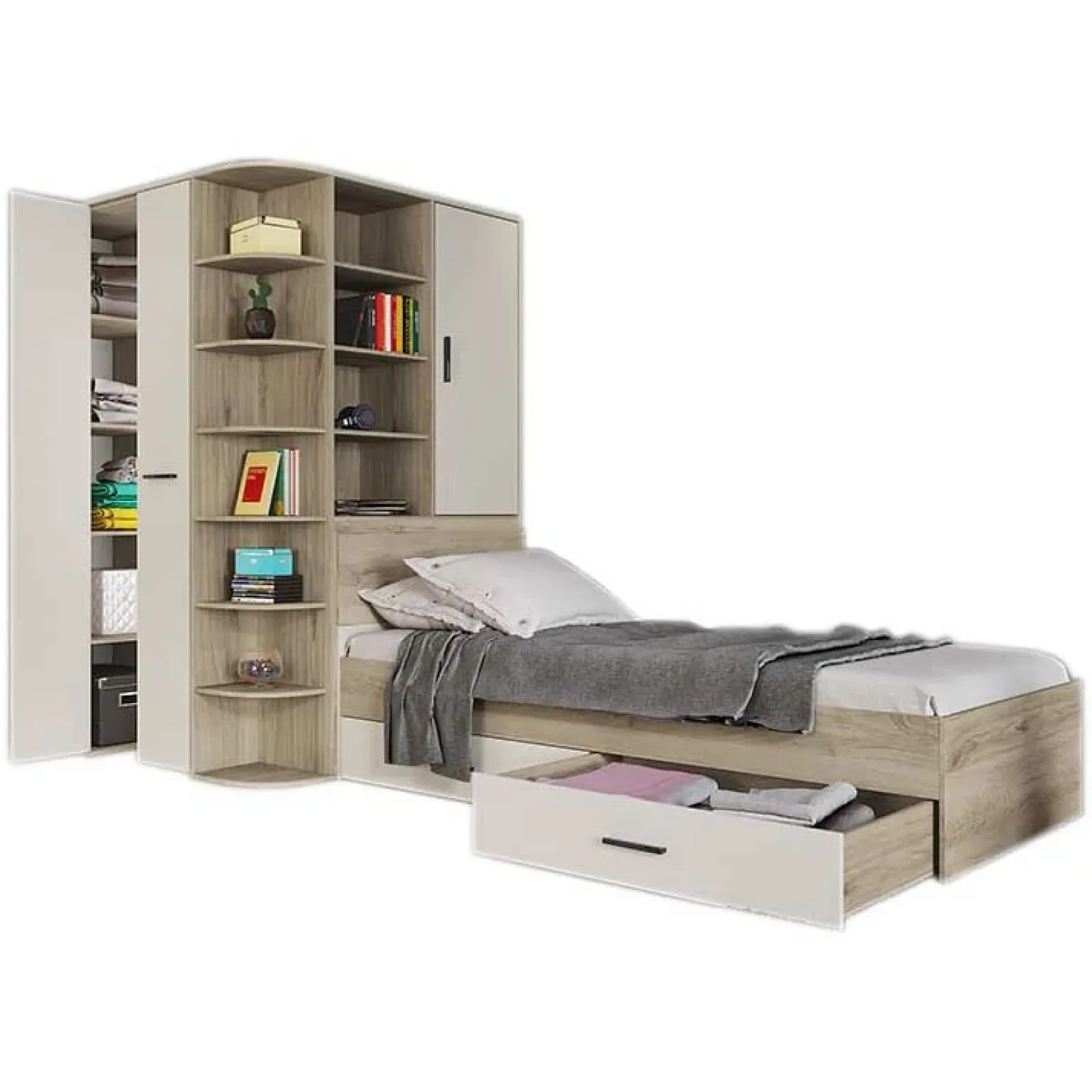 Garnero Arredamenti Camerette In Legno-Cameretta 352x124cm con cabina armadio rovere beige champagne Fabio Gihome® Rovere - Beige