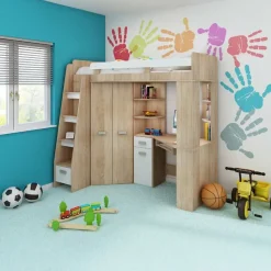 Garnero Arredamenti Camerette Colorate|Camerette In Legno-Cameretta 204x120cm sinistra completa 1 letto singolo rovere bianco Dollie Gihome® Rovere - Bianco