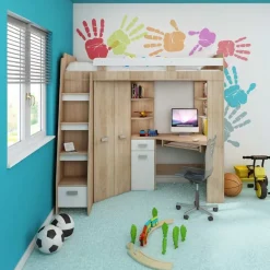 Garnero Arredamenti Camerette Colorate|Camerette In Legno-Cameretta 204x120cm sinistra completa 1 letto singolo rovere bianco Dollie Gihome® Rovere - Bianco