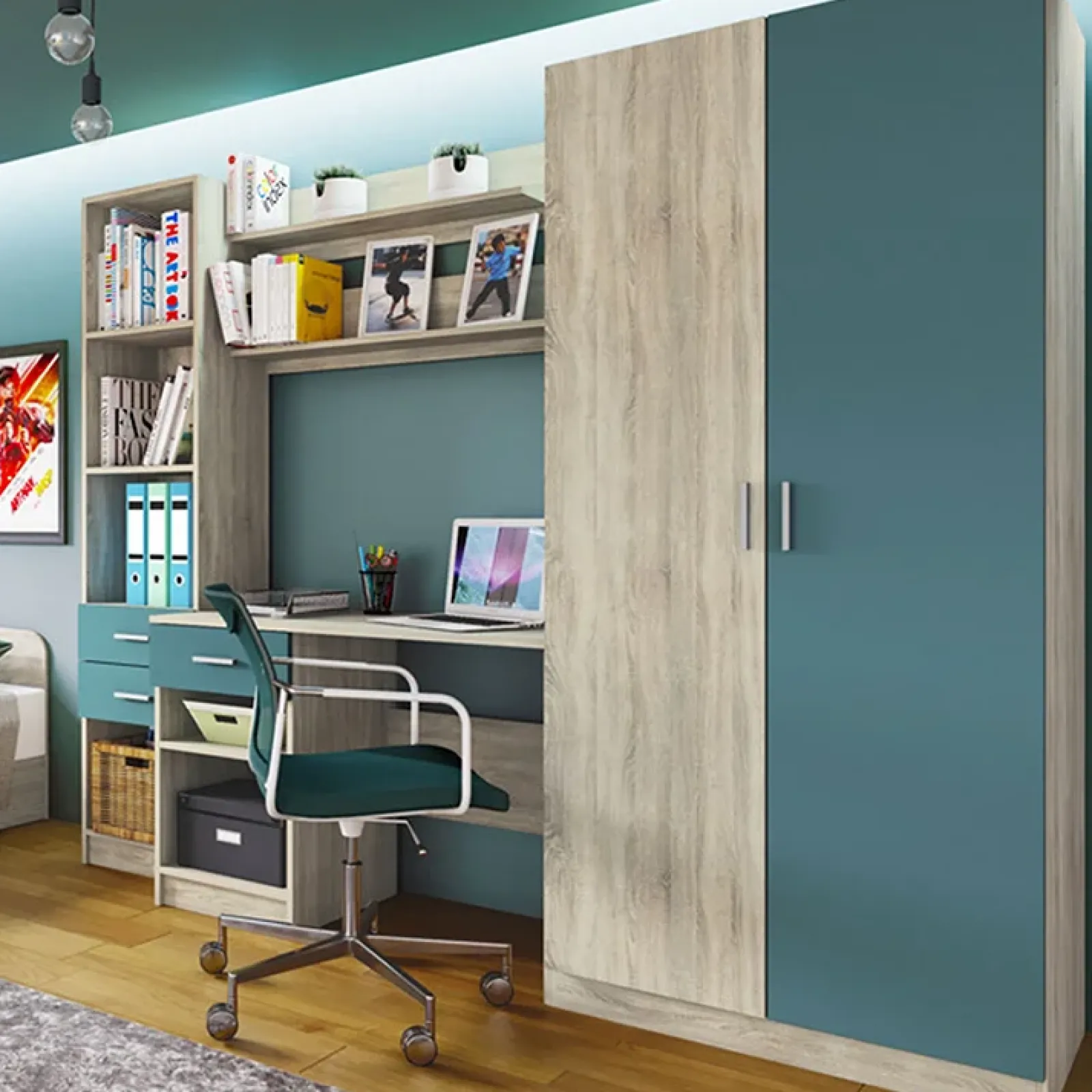 Garnero Arredamenti Camerette Colorate|Camerette In Legno-Cameretta per bambini completa 1 letto reversibile rovere blu petrolio Alex Gihome®