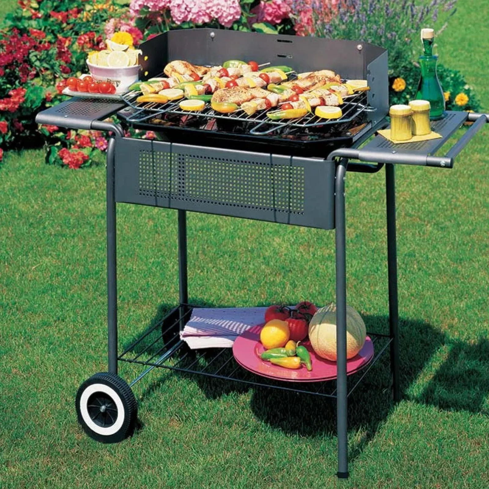 Garnero Arredamenti Barbecue Da Giardino-Carrello barbecue a carbonella con ruote da giardino 90x82cm acciaio Party