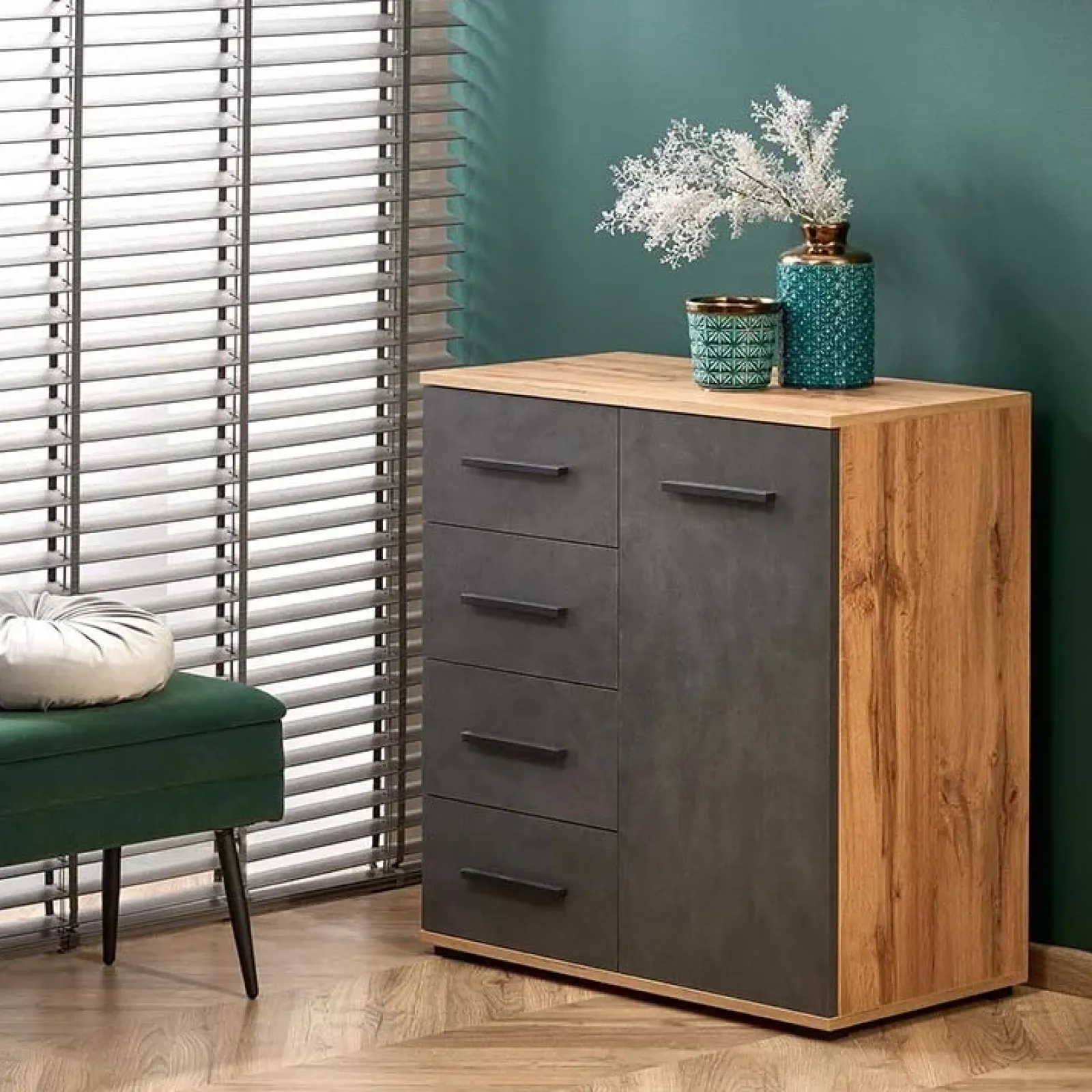 Garnero Arredamenti Cassettiere Ufficio|Cassettiera-Cassettiera 77x82h 4 cassetti 1 anta cm rovere grigio Viki Grigio - Rovere Rustico