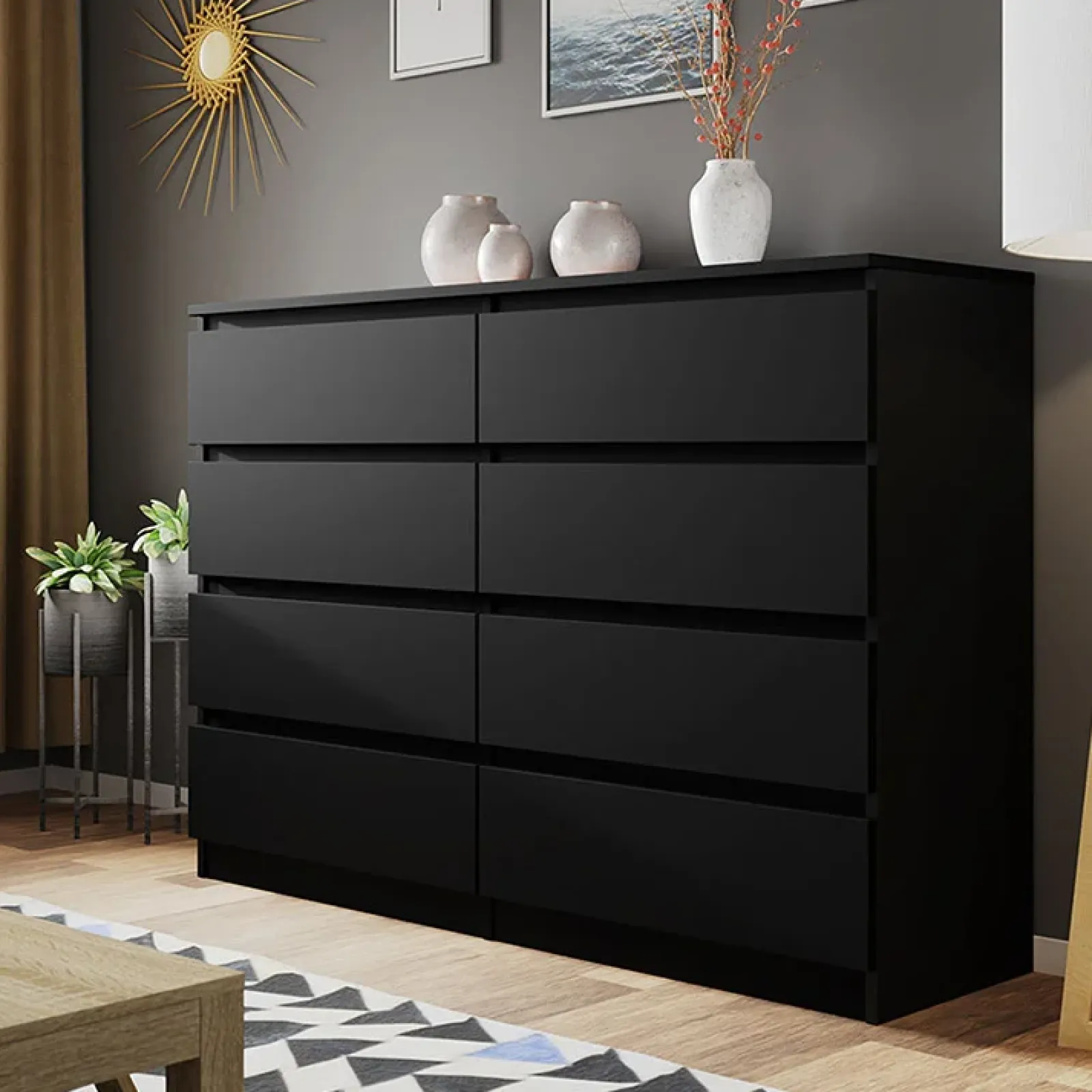 Garnero Arredamenti Comò|Comò-Cassettiera 139x100h cm 8 cassetti moderna nero Rotterdam Nero Opaco