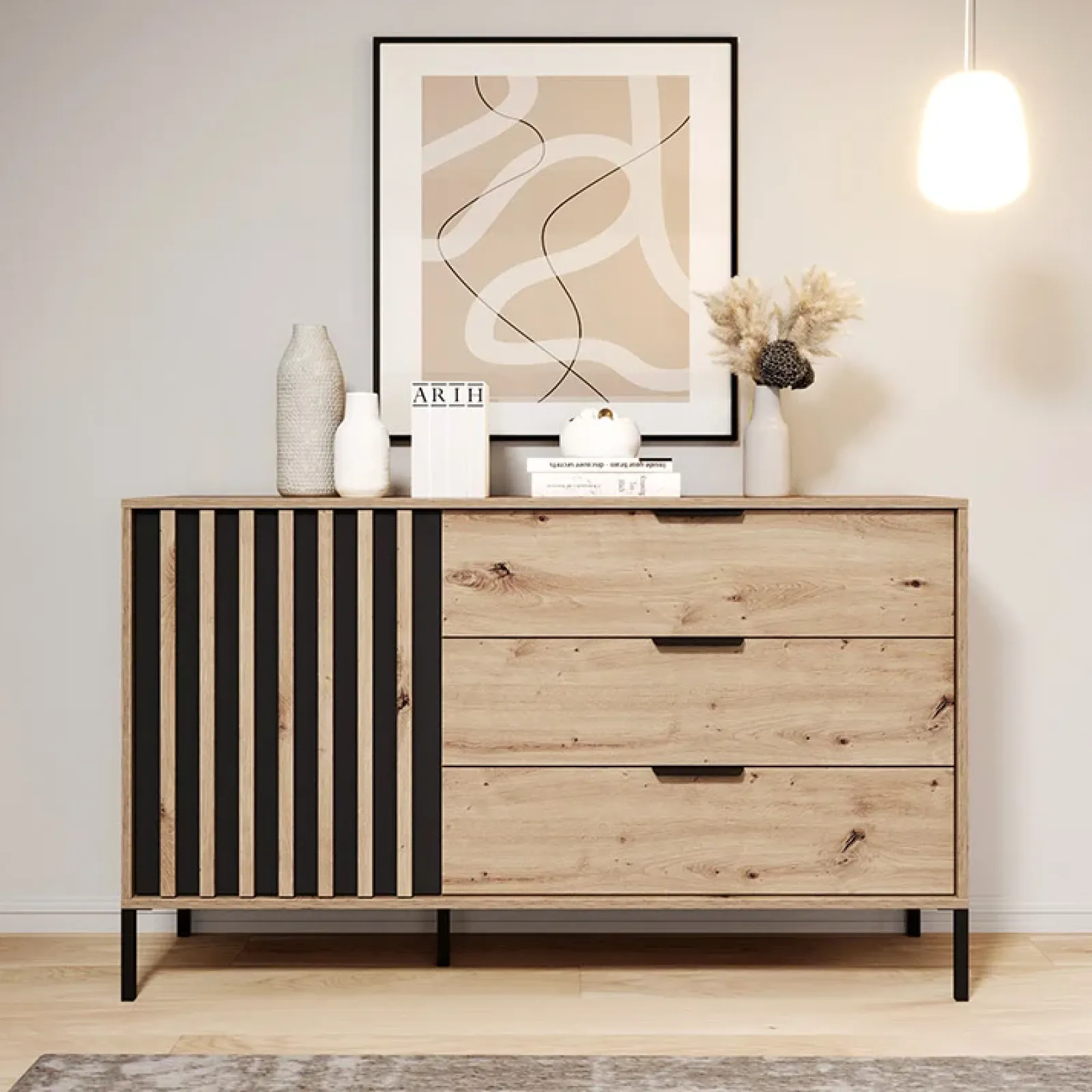 Garnero Arredamenti Comò|Comò-Cassettiera 137x82h cm 3 cassetti rovere antracite Rubik