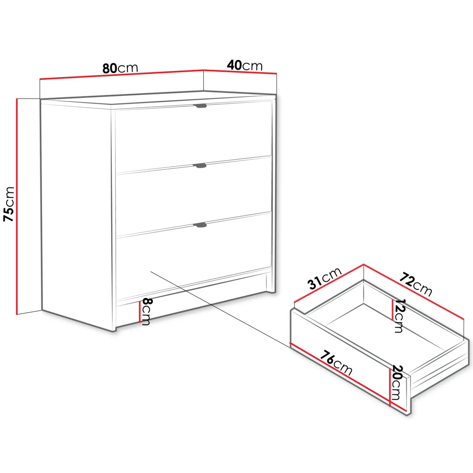 Garnero Arredamenti Cassettiera|Cassettiera-Cassettiera 80x75h cm 3 cassetti moderna bianco Athena Bianco Opaco
