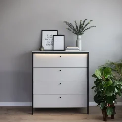 Garnero Arredamenti Cassettiera|Cassettiera-Cassettiera 101x115h cm 4 cassetti con LED grigio nero Luna