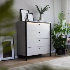 Garnero Arredamenti Cassettiera|Cassettiera-Cassettiera 101x115h cm 4 cassetti con LED grigio nero Luna