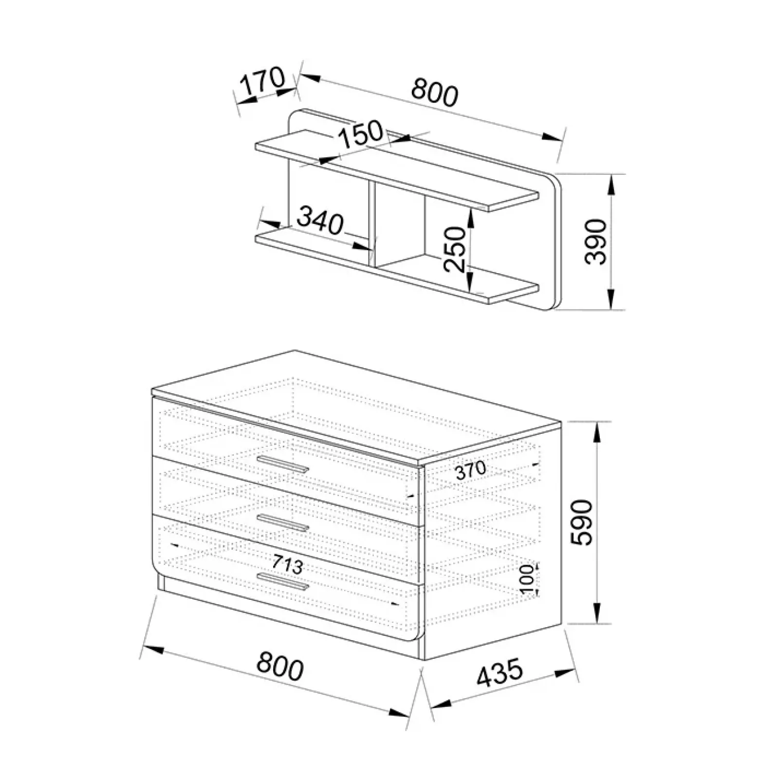 Garnero Arredamenti Comò Cameretta|Comò-Cassettiera 80x148h cm con mensola 3 cassetti bianco rustico Zadar