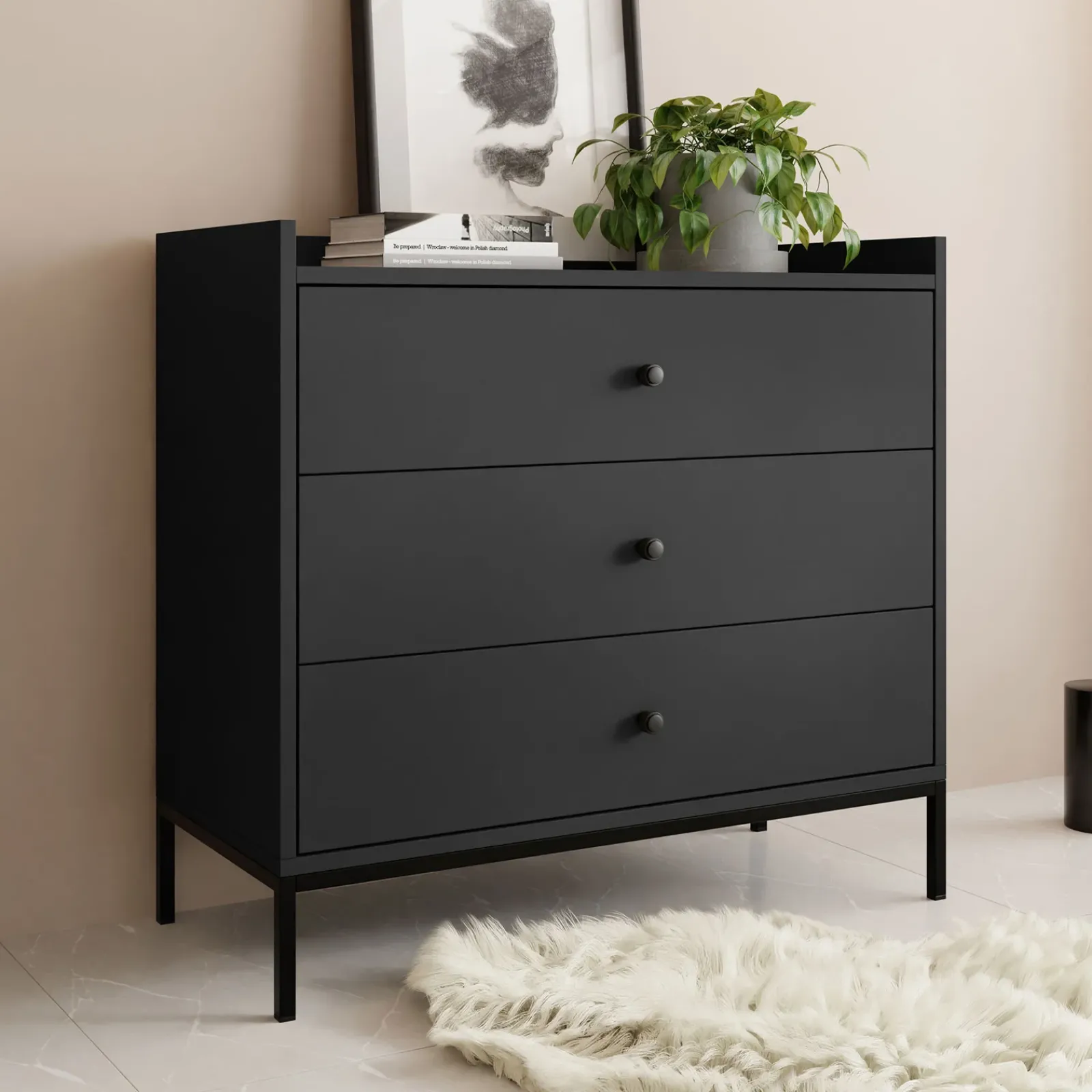 Garnero Arredamenti Cassettiera|Cassettiera-Cassettiera 80x80h cm design moderno 3 cassetti nero Pollon Nero Opaco