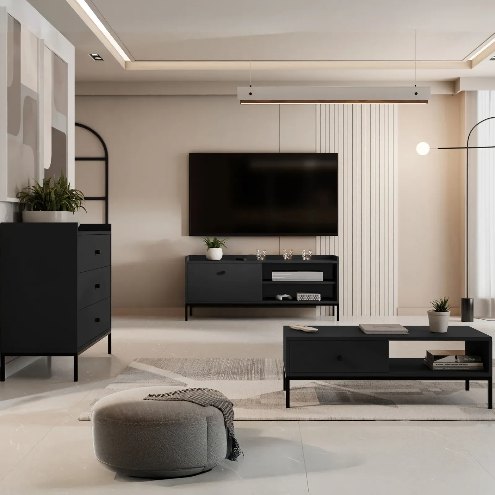 Garnero Arredamenti Cassettiera|Cassettiera-Cassettiera 80x80h cm design moderno 3 cassetti nero Pollon Nero Opaco