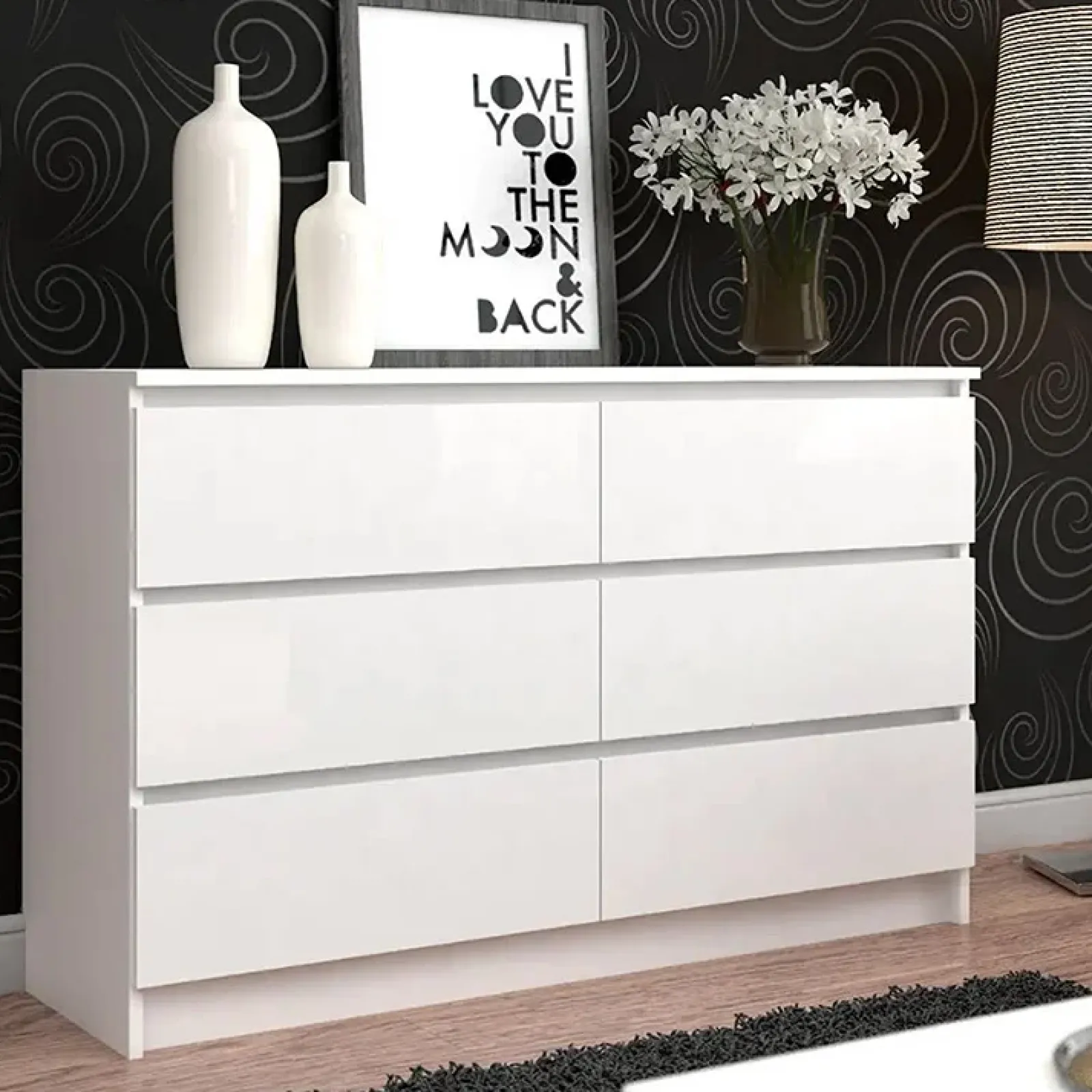 Garnero Arredamenti Cassettiera|Cassettiera-Cassettiera 140x77h cm moderna 6 cassetti bianco Living Bianco Opaco