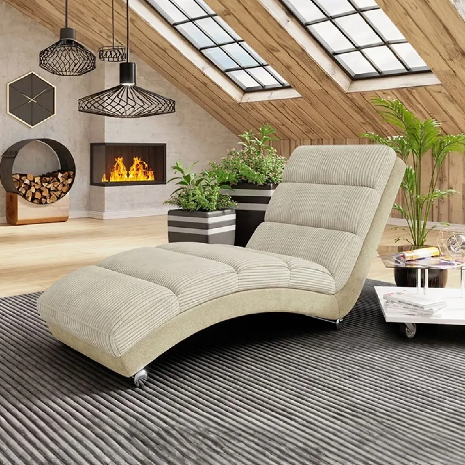 Garnero Arredamenti Chaise Longue|Poltrone Relax-Chaise longue imbottita in velluto a coste 180cm beige Marty Velluto Poso Beige