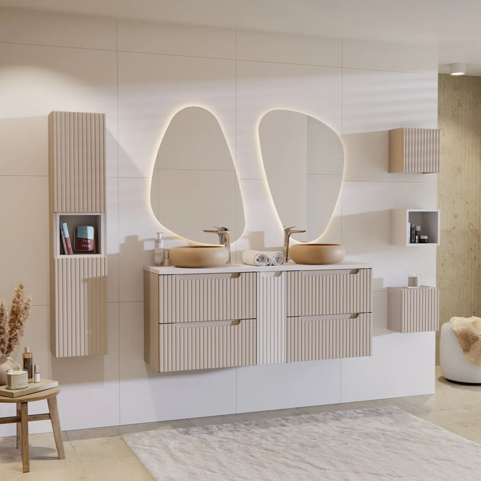 Garnero Arredamenti Colonne Per Bagno-Colonna bagno sospesa 30x140h cm cannettato 2 ante Cleany Beige