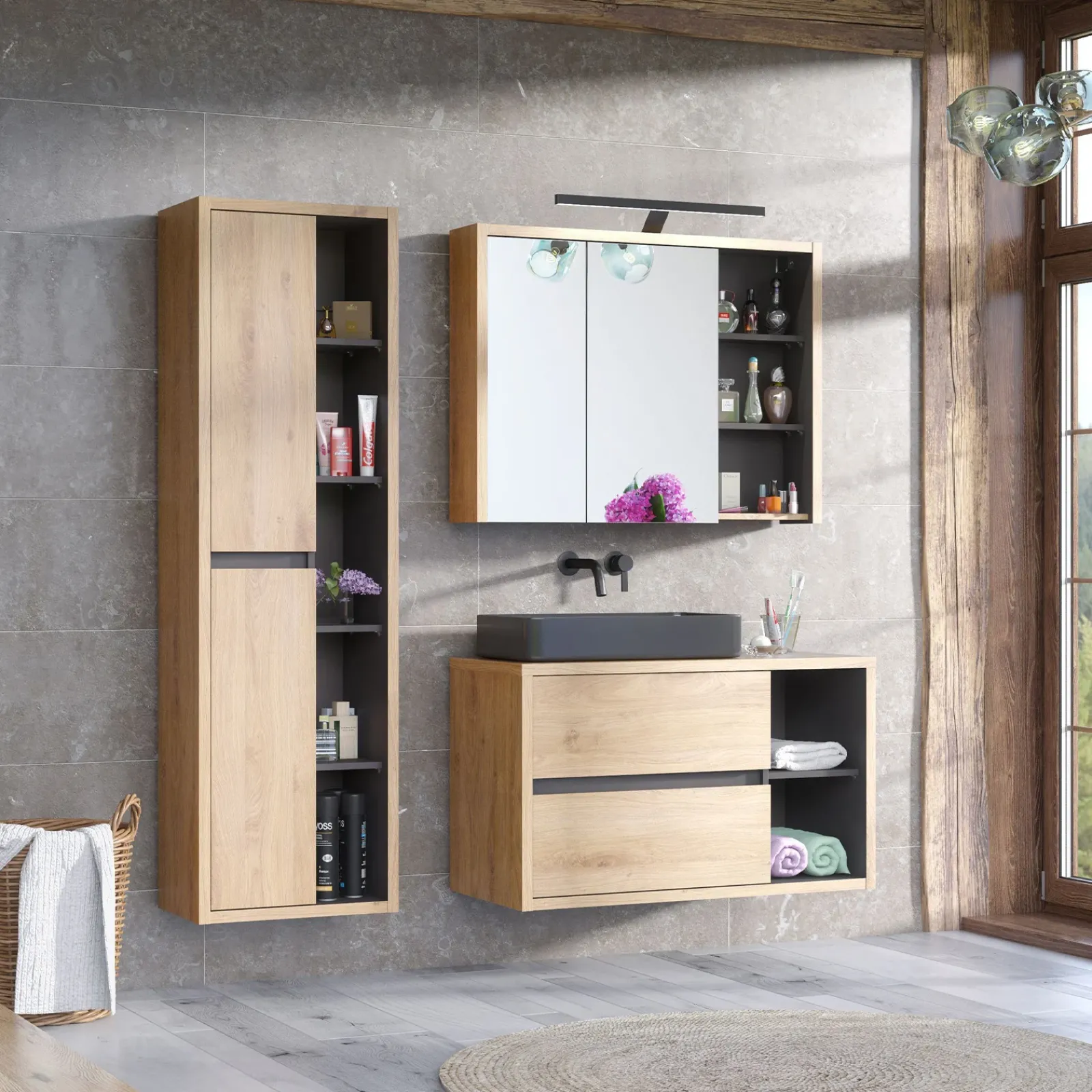 Garnero Arredamenti Colonne Per Bagno-Colonna bagno sospesa 50x170h cm 2 ante rovere antracite Veny