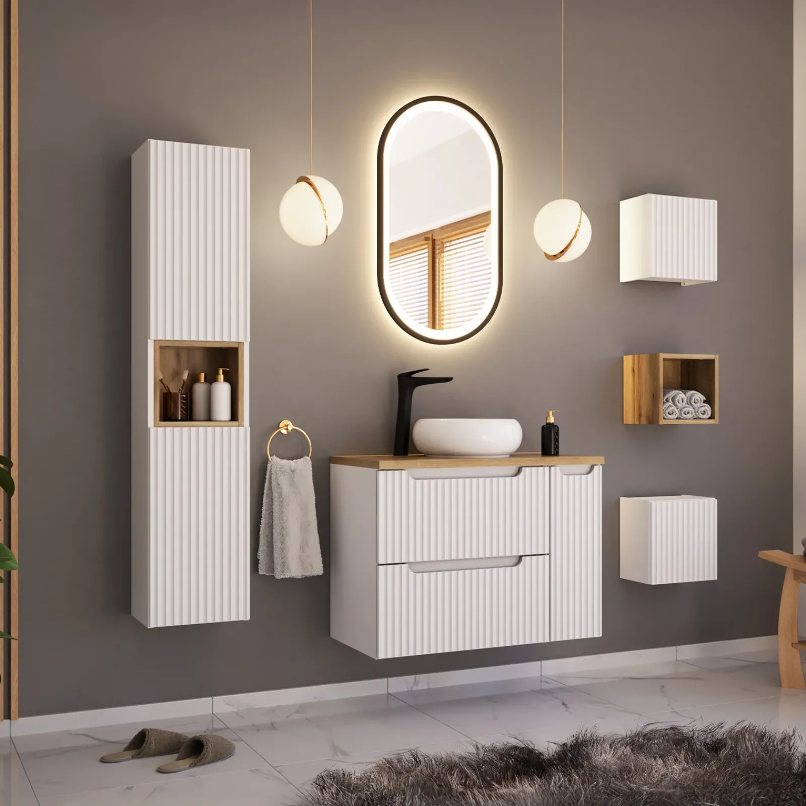 Garnero Arredamenti Colonne Per Bagno-Colonna bagno sospesa 30x140h cm cannettato 2 ante bianco Cleany Bianco Opaco