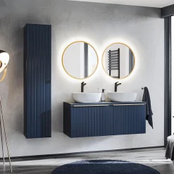 Garnero Arredamenti Colonne Per Bagno-Colonna bagno sospesa 35x160h cm 1 anta 2 cassetti cannettato blu Deep