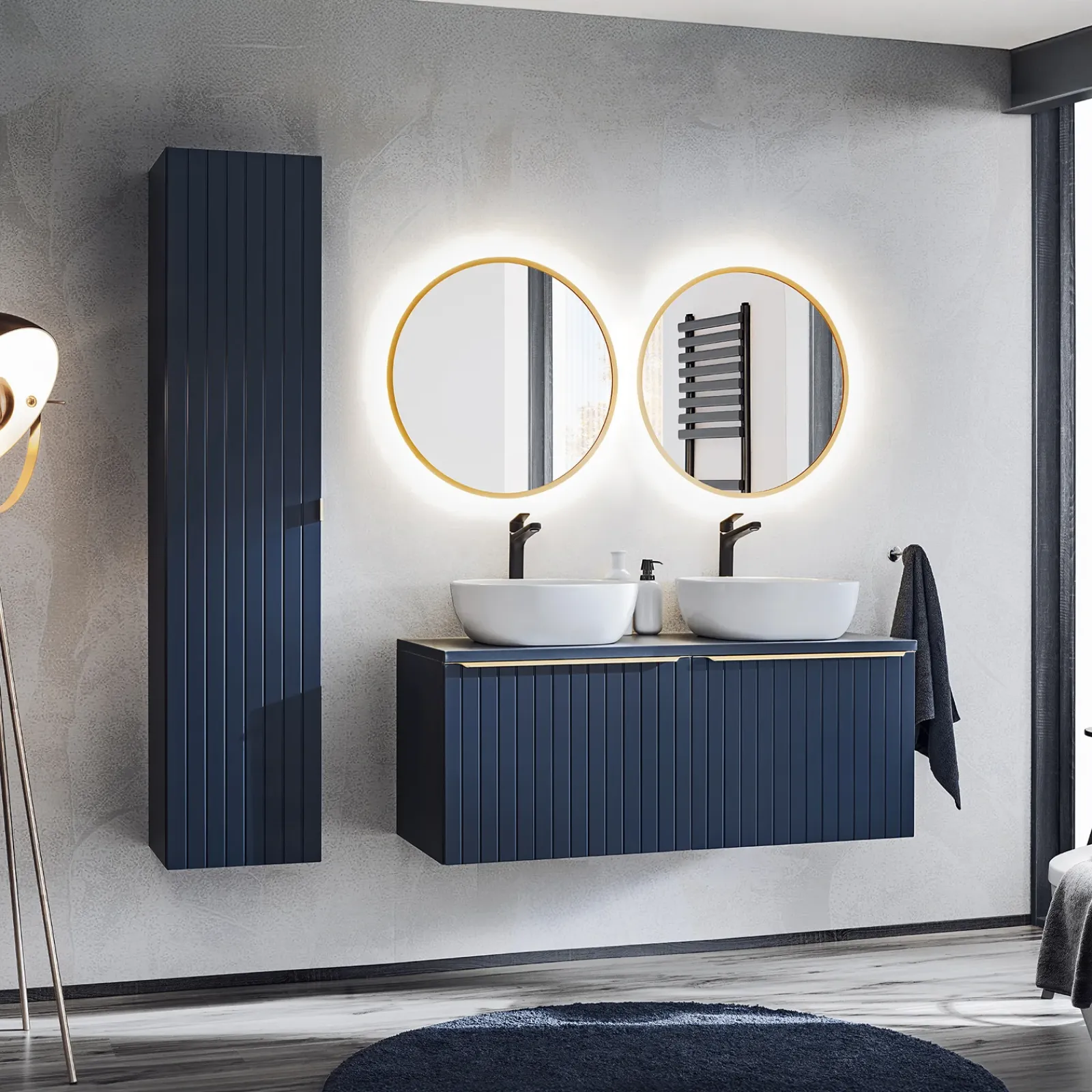 Garnero Arredamenti Colonne Per Bagno-Colonna bagno sospesa 35x160h cm 1 anta 2 cassetti cannettato blu Deep