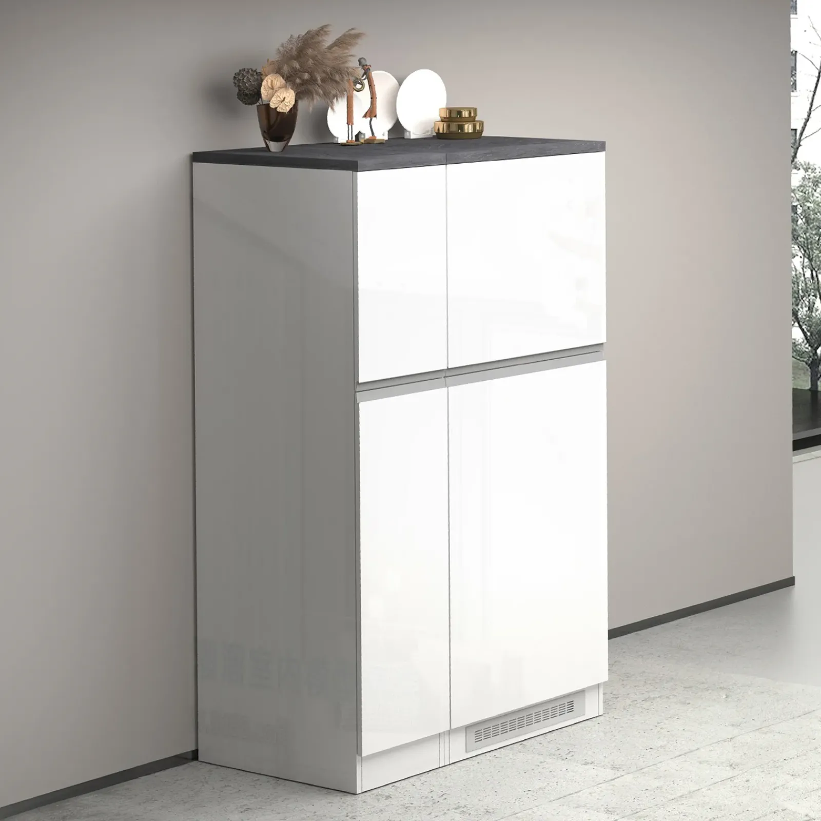 Garnero Arredamenti Scaffali E Dispense-Colonna frigo dispensa cucina 90x165h cm moderna bianco grigio pietra Gourmet Bianco Lucido - Grigio pietra