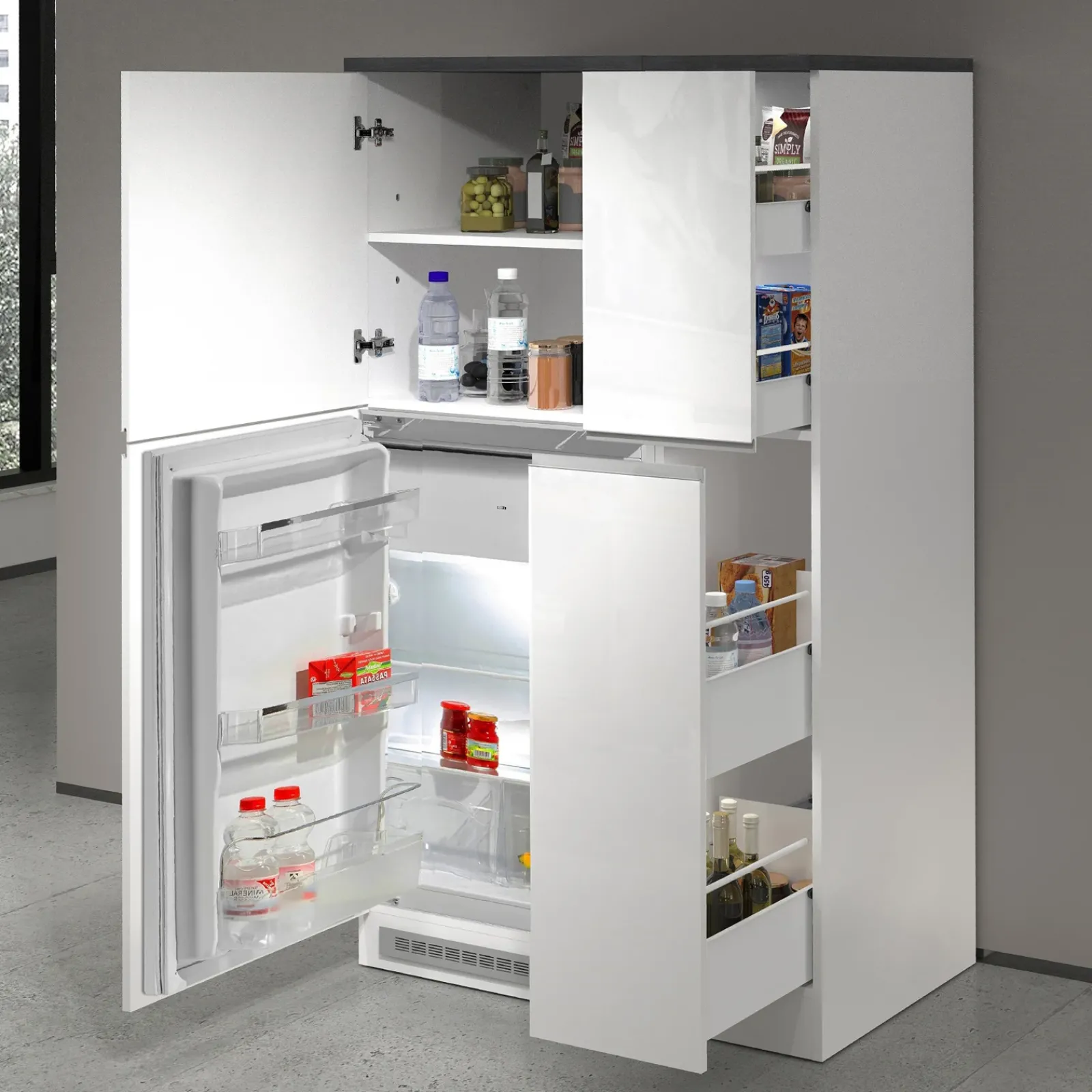 Garnero Arredamenti Scaffali E Dispense-Colonna frigo dispensa cucina 90x165h cm moderna bianco grigio pietra Gourmet Bianco Lucido - Grigio pietra