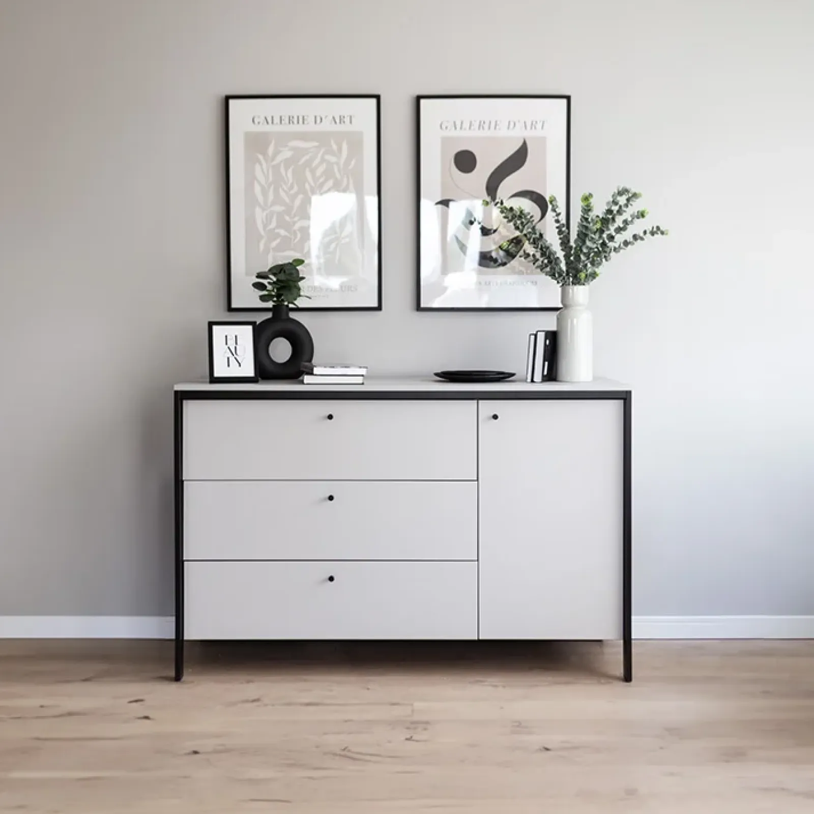 Garnero Arredamenti Comò|Comò-Comò 136x91h cm 1 anta 3 cassetti con LED grigio nero Luna