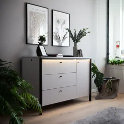 Garnero Arredamenti Comò|Comò-Comò 136x91h cm 1 anta 3 cassetti con LED grigio nero Luna