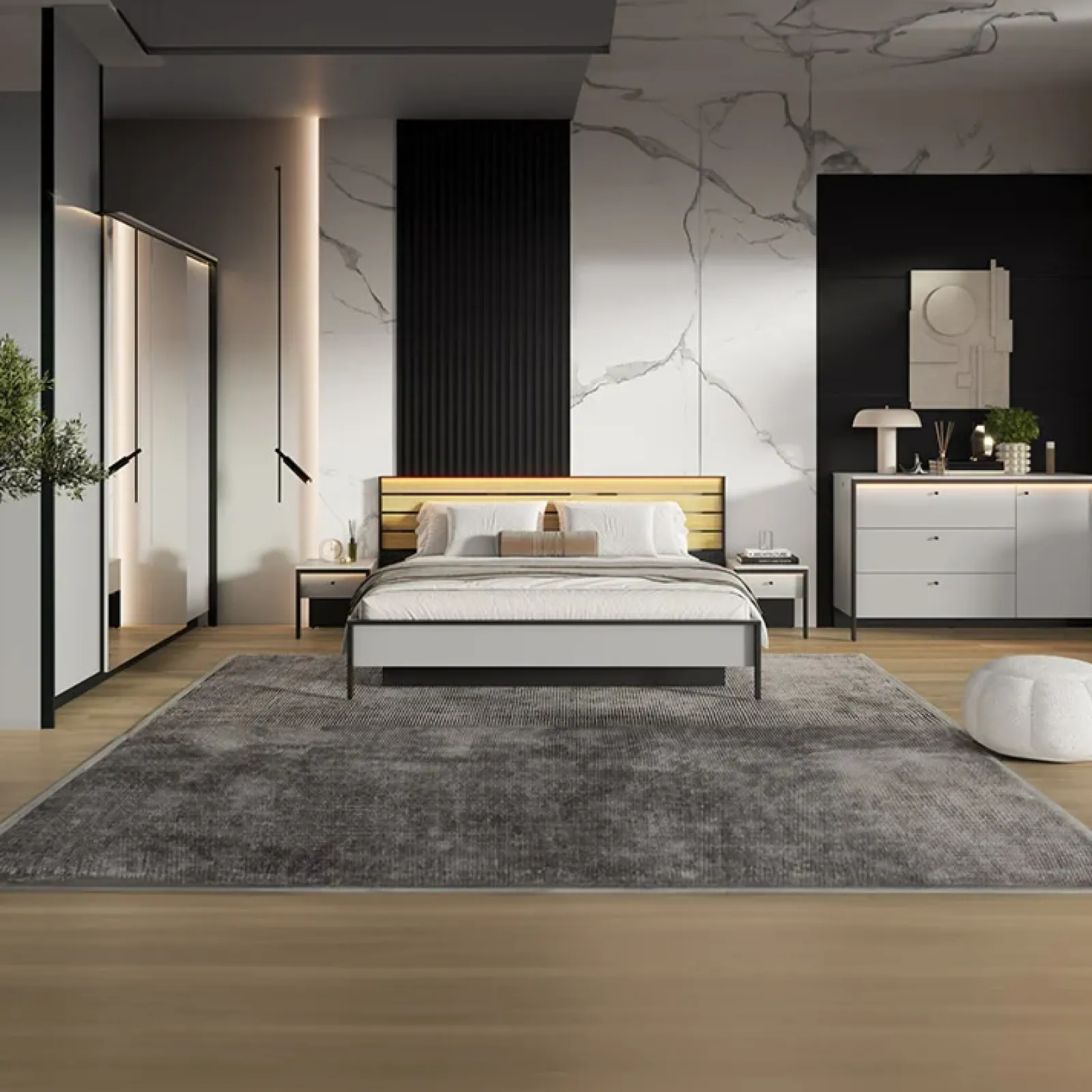 Garnero Arredamenti Comò|Comò-Comò 136x91h cm 1 anta 3 cassetti con LED grigio nero Luna