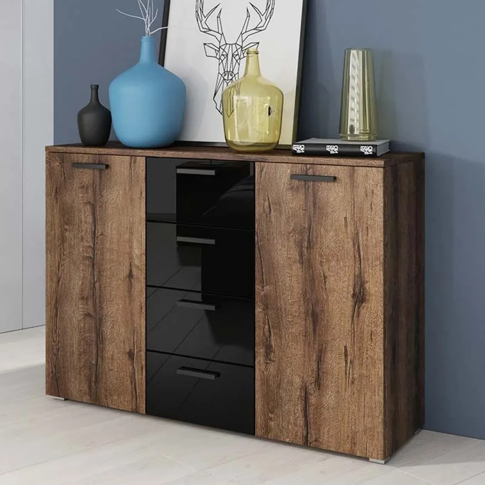 Garnero Arredamenti Comò|Comò-Comò 132x93h cm 2 ante 4 cassetti noce nero lucido Cortina Gihome® Nero Lucido - Wengè