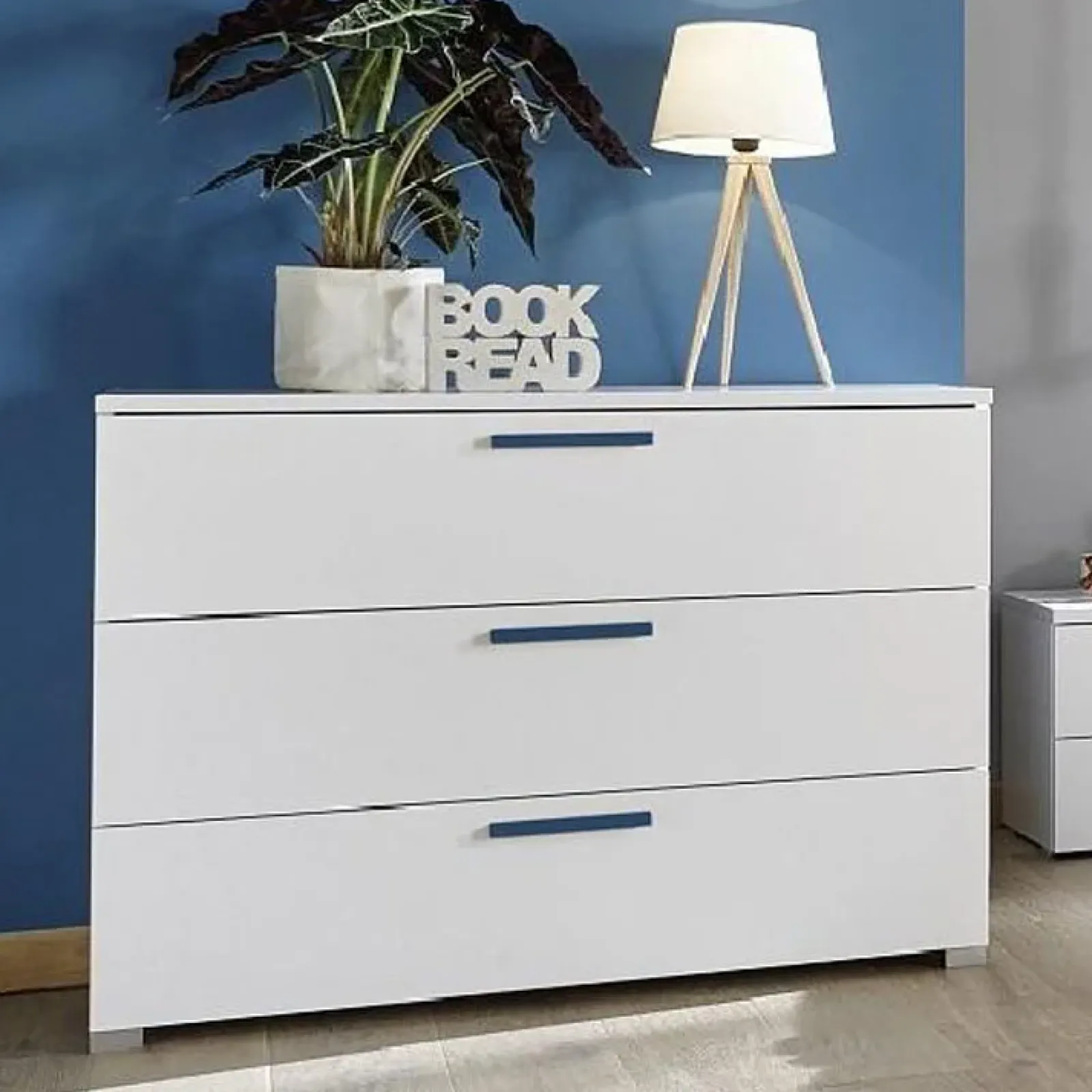 Garnero Arredamenti Comò Cameretta|Comò-Comò 104x80h cm 3 cassetti con maniglie blu moderno bianco Enjoy Bianco Opaco - Blu