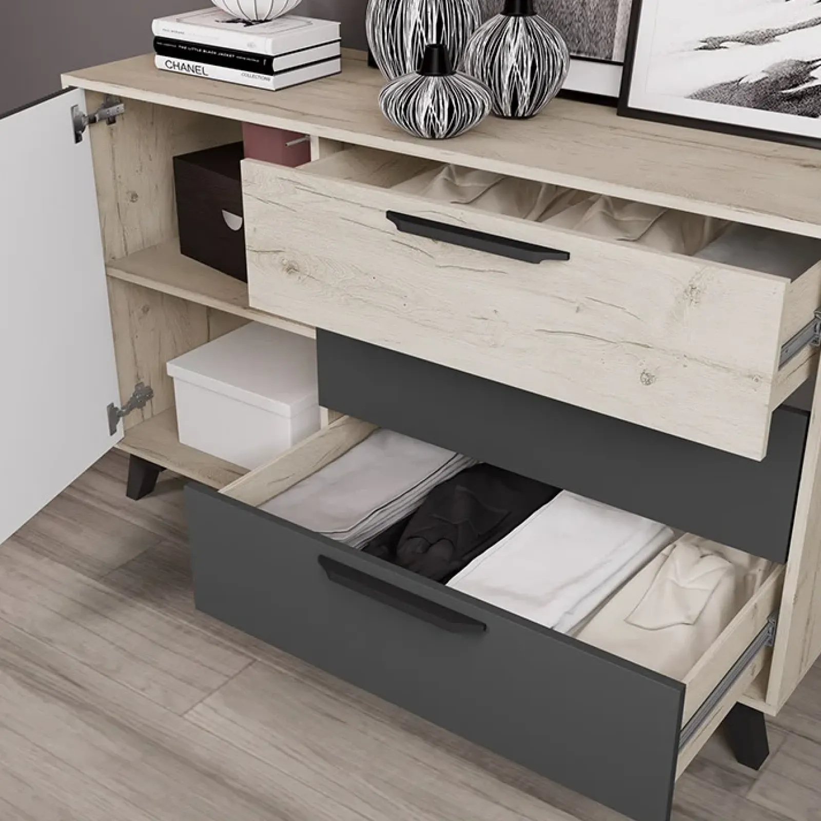 Garnero Arredamenti Comò Cameretta|Comò-Comò 130x80h cm 3 cassetti moderno rovere antracite opaco Urbino