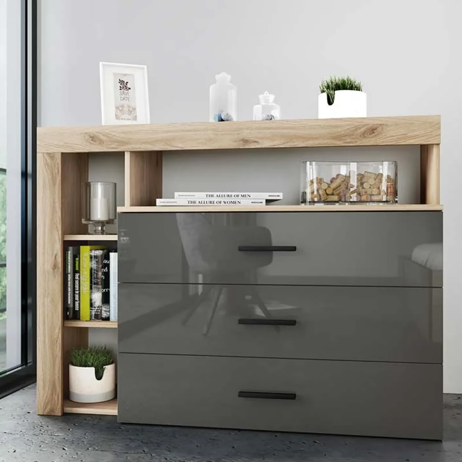 Garnero Arredamenti Comò Cameretta|Comò-Comò 120x90h cm 3 cassetti moderno rovere antracite lucido Senna