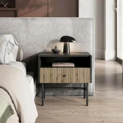 Garnero Arredamenti Comodini Cameretta|Comò-Comodino con 1 cassetto 55x52h cm moderno nero rovere cannettato Iulia